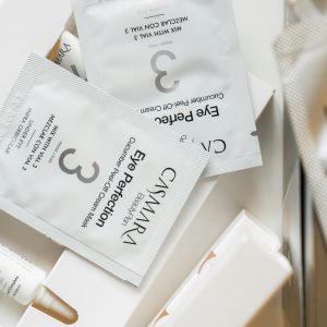 Close-up of Casmara eye cream sachets and packaging, ideal for skincare enthusiasts.